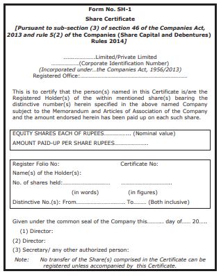 Share Certificate Legal Formate Form SH-1